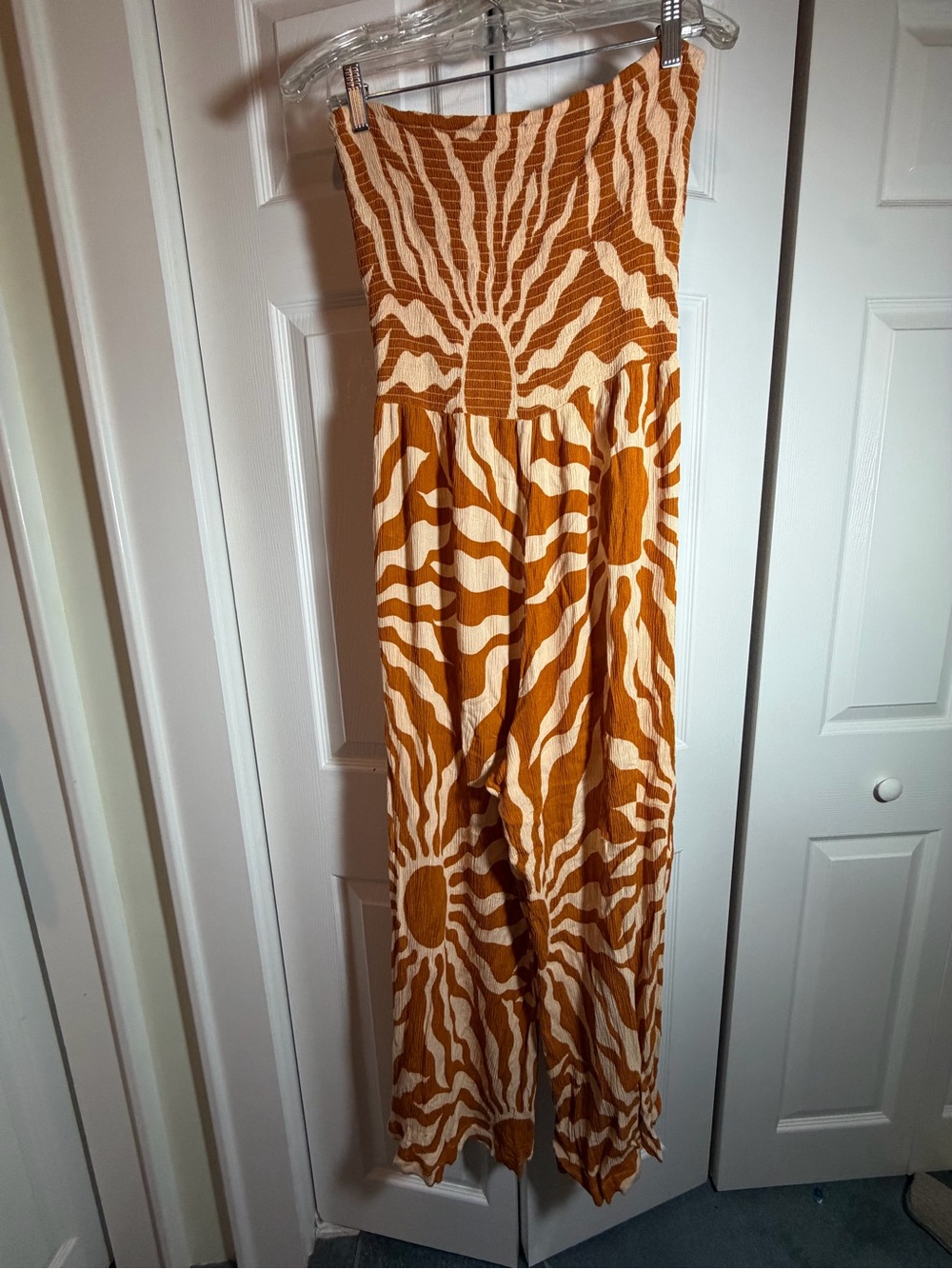 Women’s Strapless Sunburst Jumpsuit in Rust & Cream